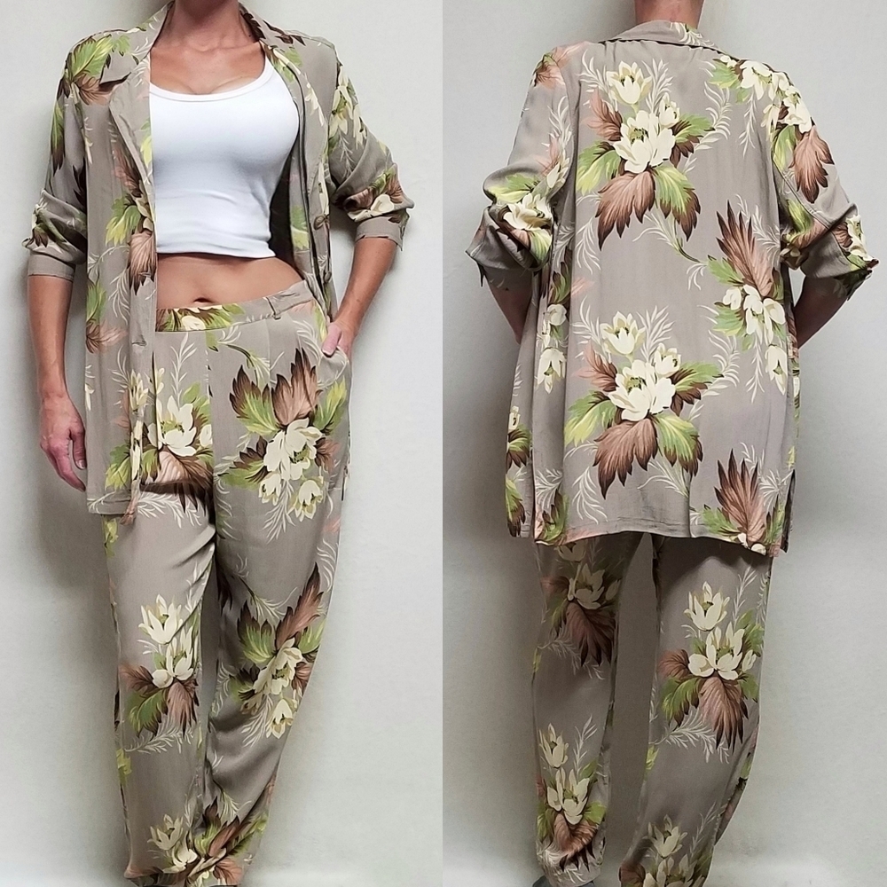 Rare Vintage Karen Kane Taupe Pink Tropical Print Crepe Two-Piece Set Pants Top